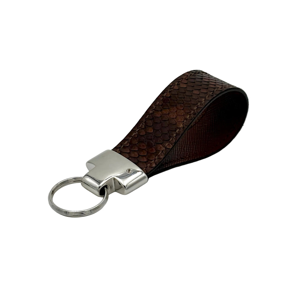 Chocolate brown python keychain fob with nickel-plated silver hardware and split ring