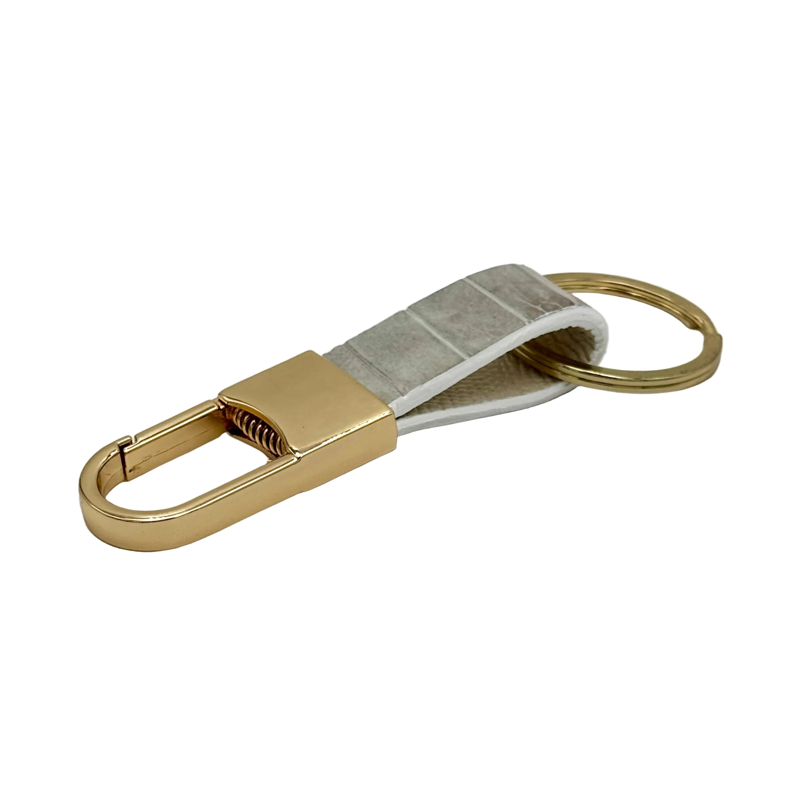 Himalayan alligator keychain organizer with gold-plated carabiner clip and split ring, Italian cream Saffiano leather lining