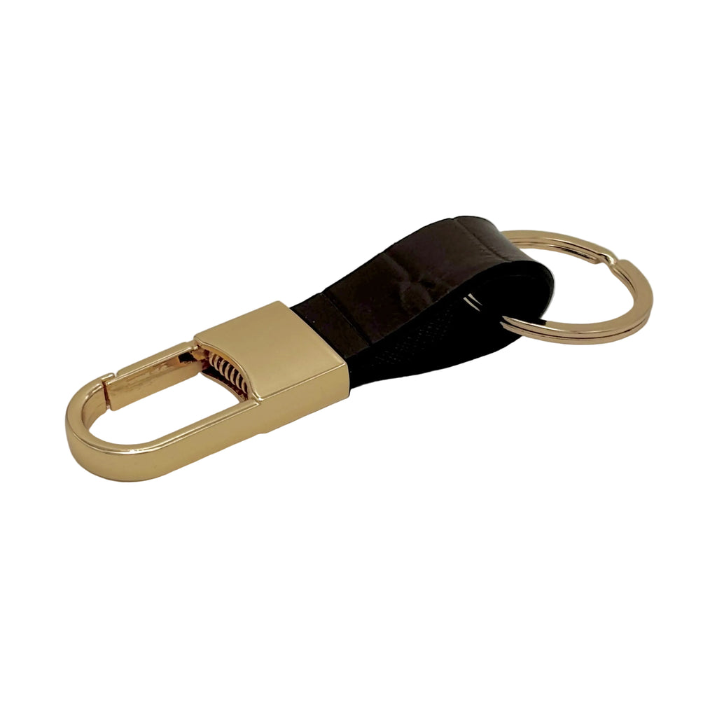 Dark brown alligator keychain organizer with gold-plated carabiner clip and split ring, 4 inches long