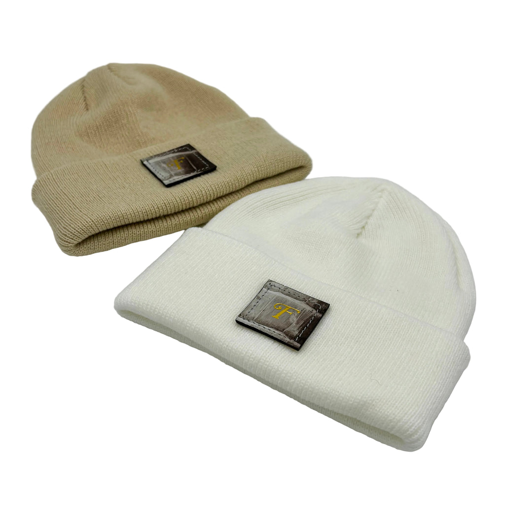 Himalayan alligator baby beanie in white and khaki with gold Frostytch monogram leather patch