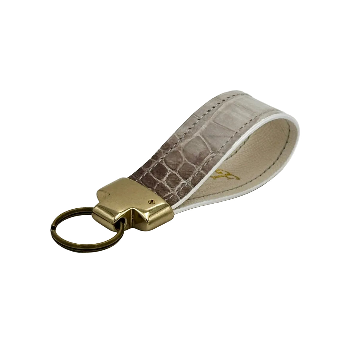 Himalayan alligator leather keychain fob with Italian cream Saffiano lining and solid natural brass hardware