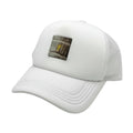 Close-up of Himalayan alligator leather patch and mesh back panel on white trucker hat