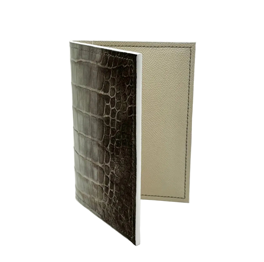 Himalayan alligator passport cover open showing Italian cream Saffiano leather interior lining