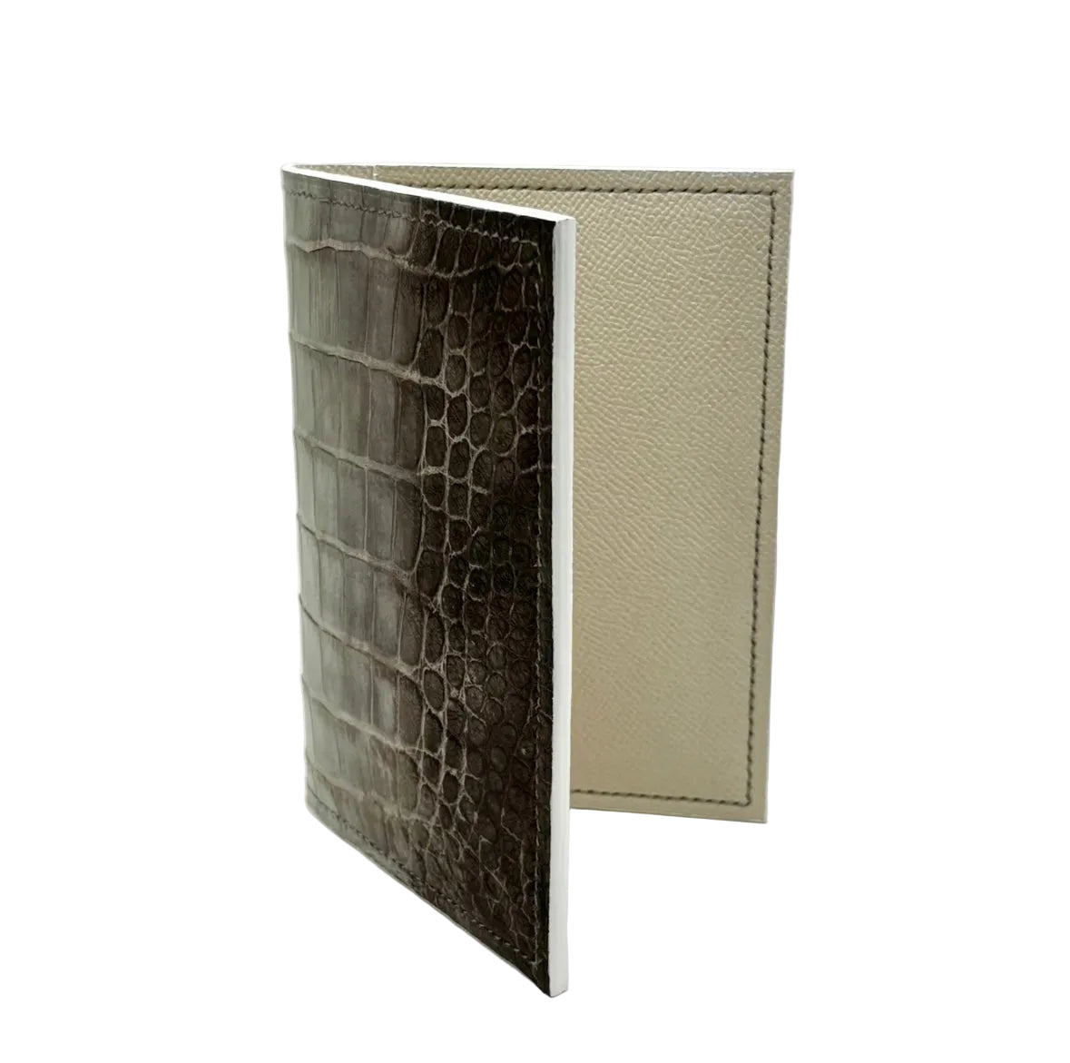Himalayan alligator passport cover open showing Italian cream Saffiano leather interior lining