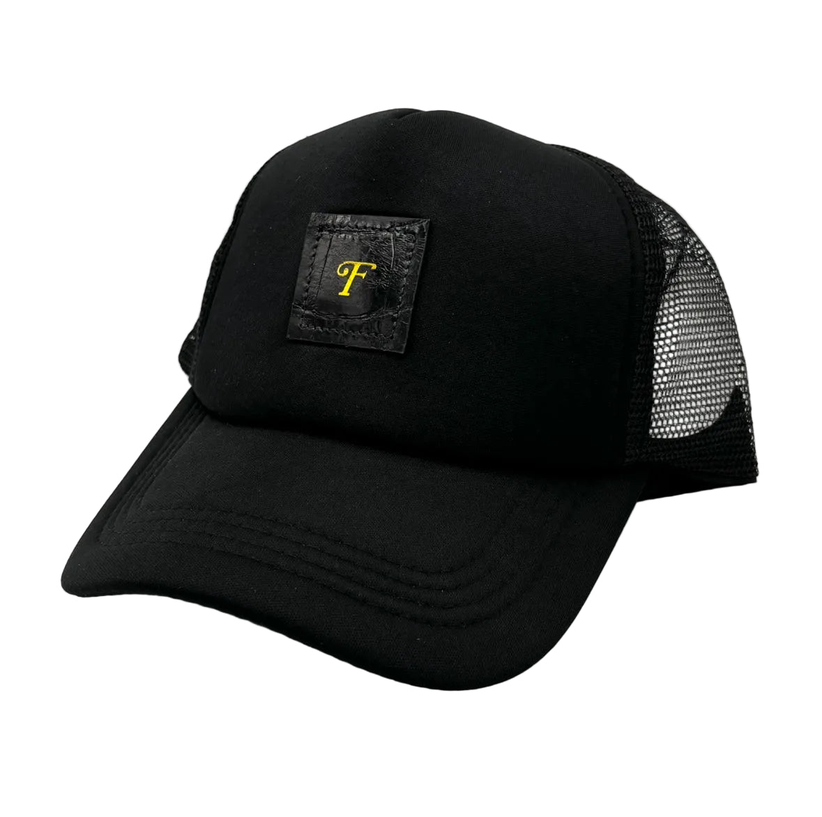 Black alligator trucker hat with black alligator leather patch and gold Frostytch monogram on front panel