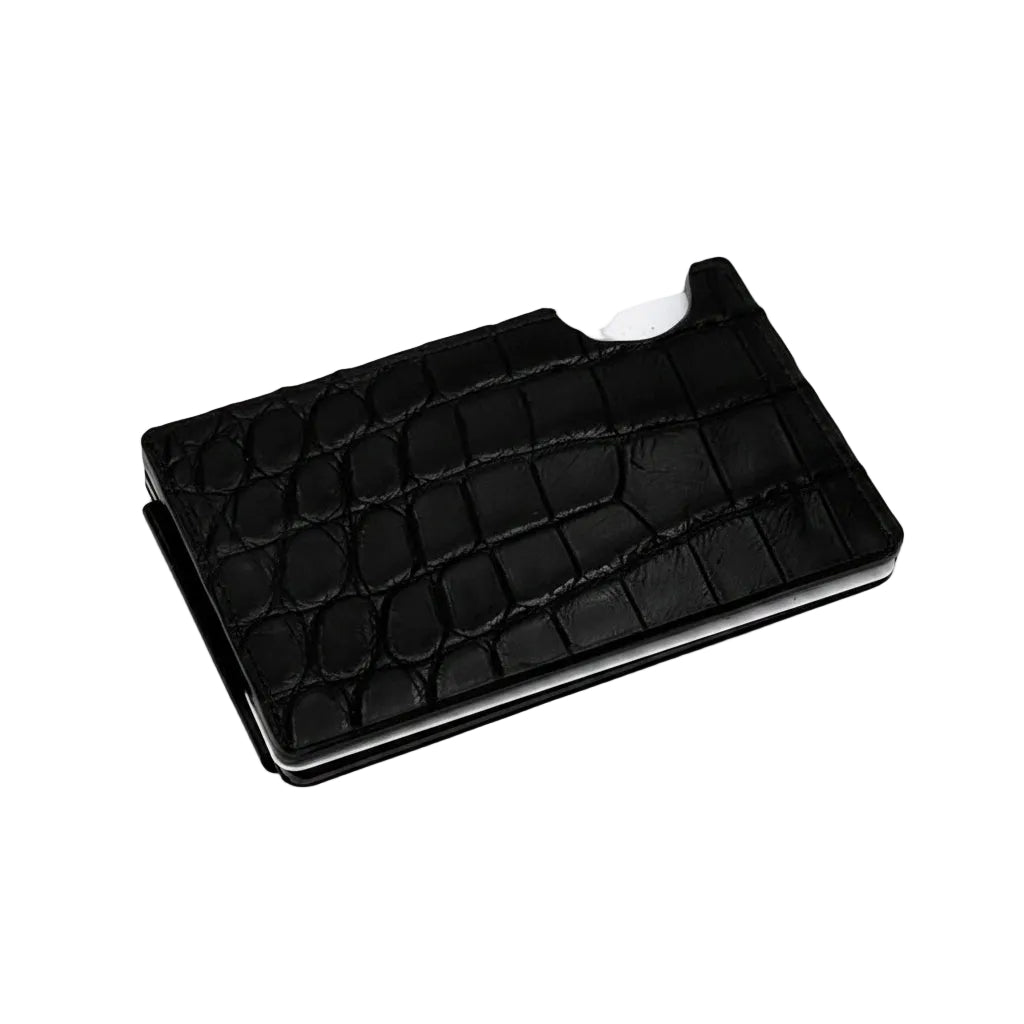 Black Nile crocodile leather and carbon fiber minimalist card holder with money clip
