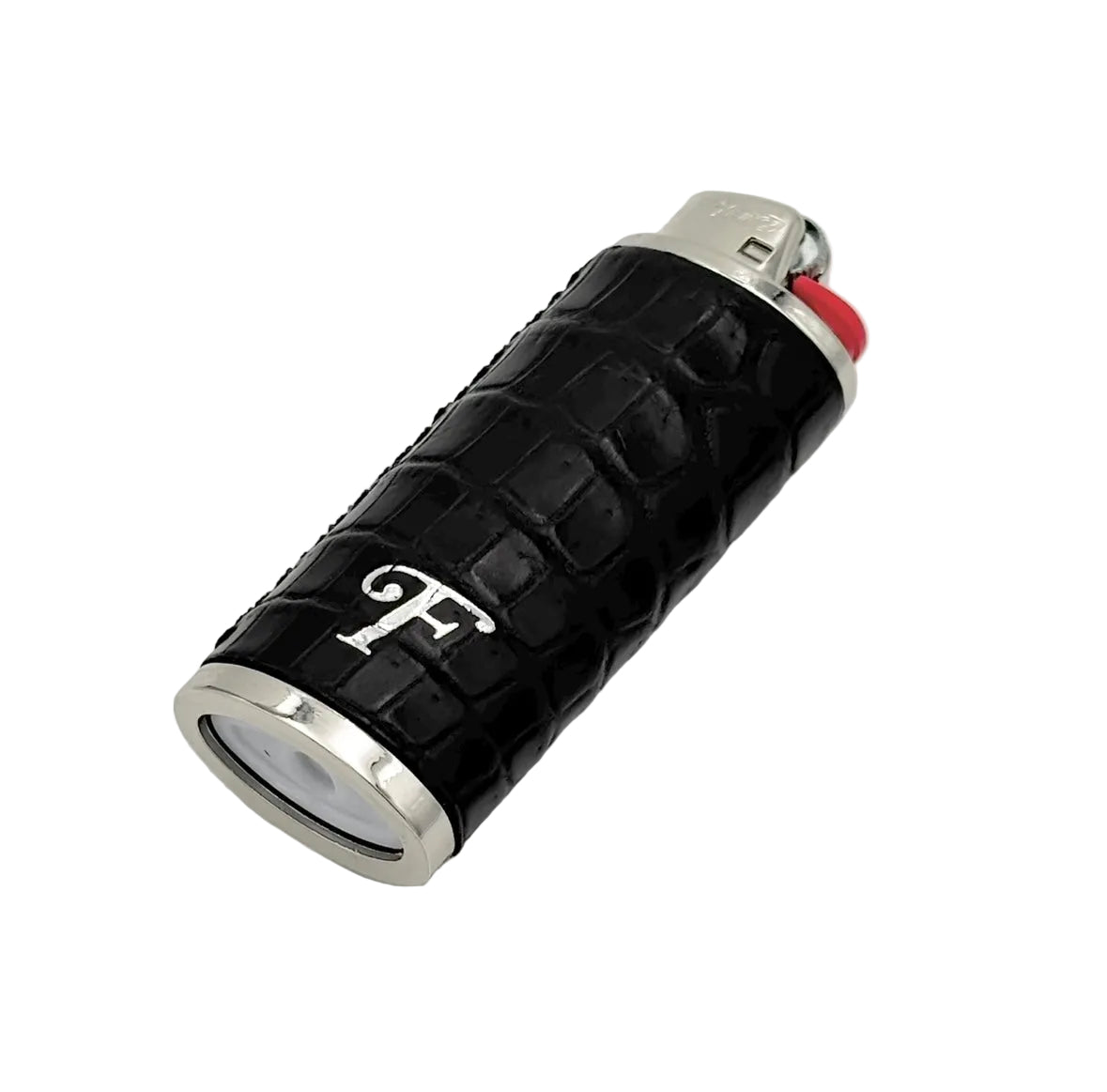 Matte black crocodile lighter sleeve close-up with silver ring detail