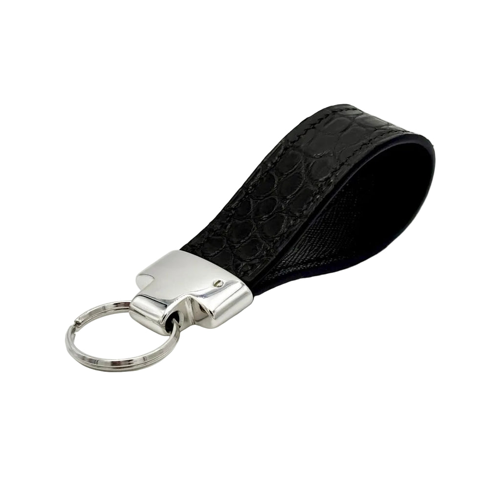 Matte black crocodile keychain fob with Italian black Saffiano leather lining and nickel-plated silver hardware