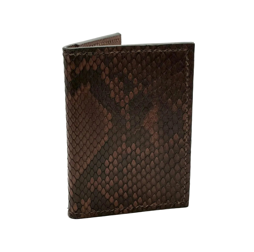 Chocolate brown python card holder exterior showing rich scale pattern