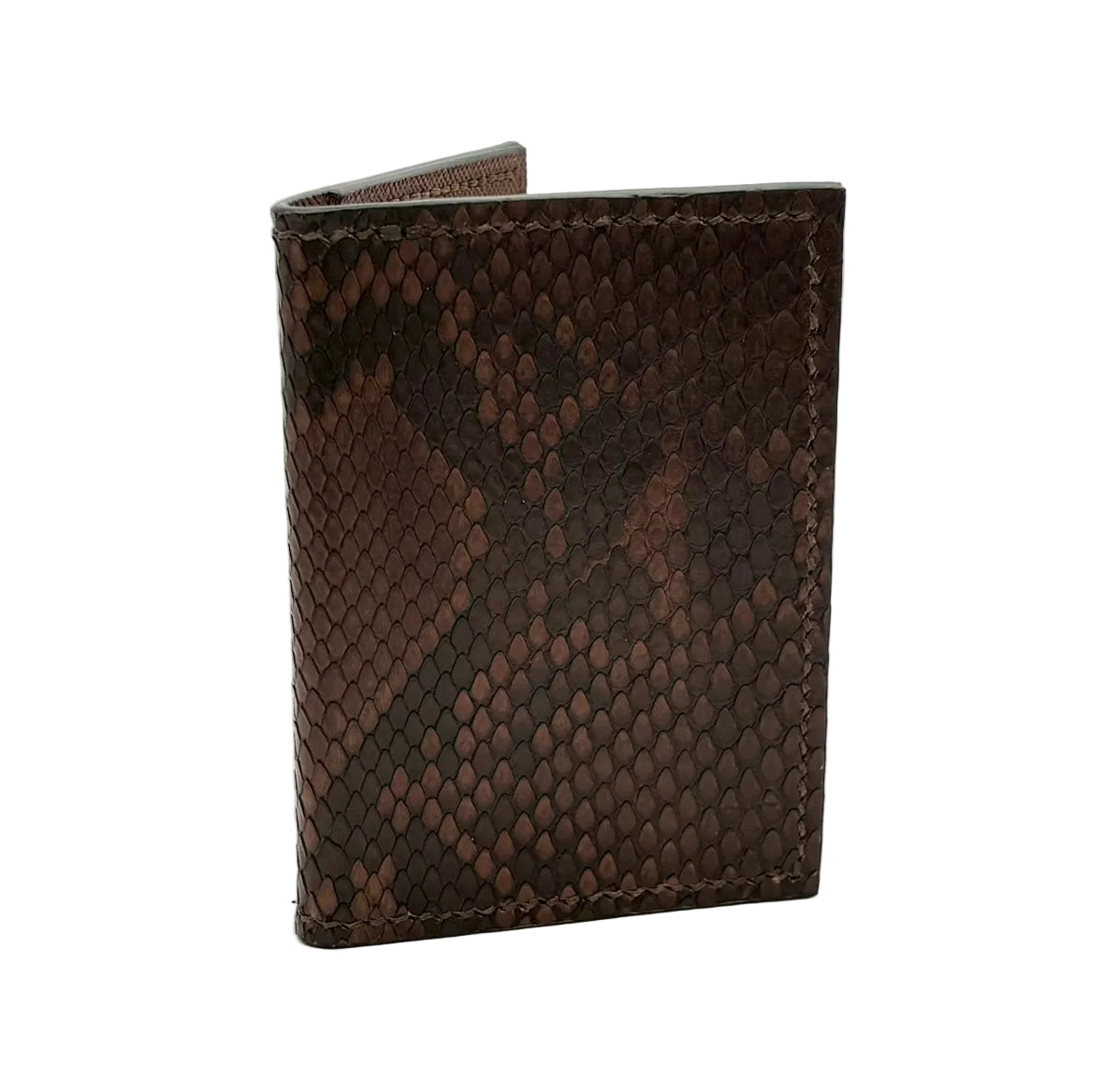 Chocolate brown python card holder exterior showing rich scale pattern