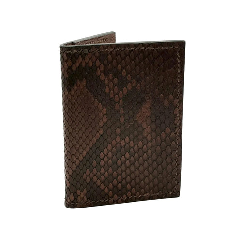 Chocolate brown python card holder exterior showing rich scale pattern