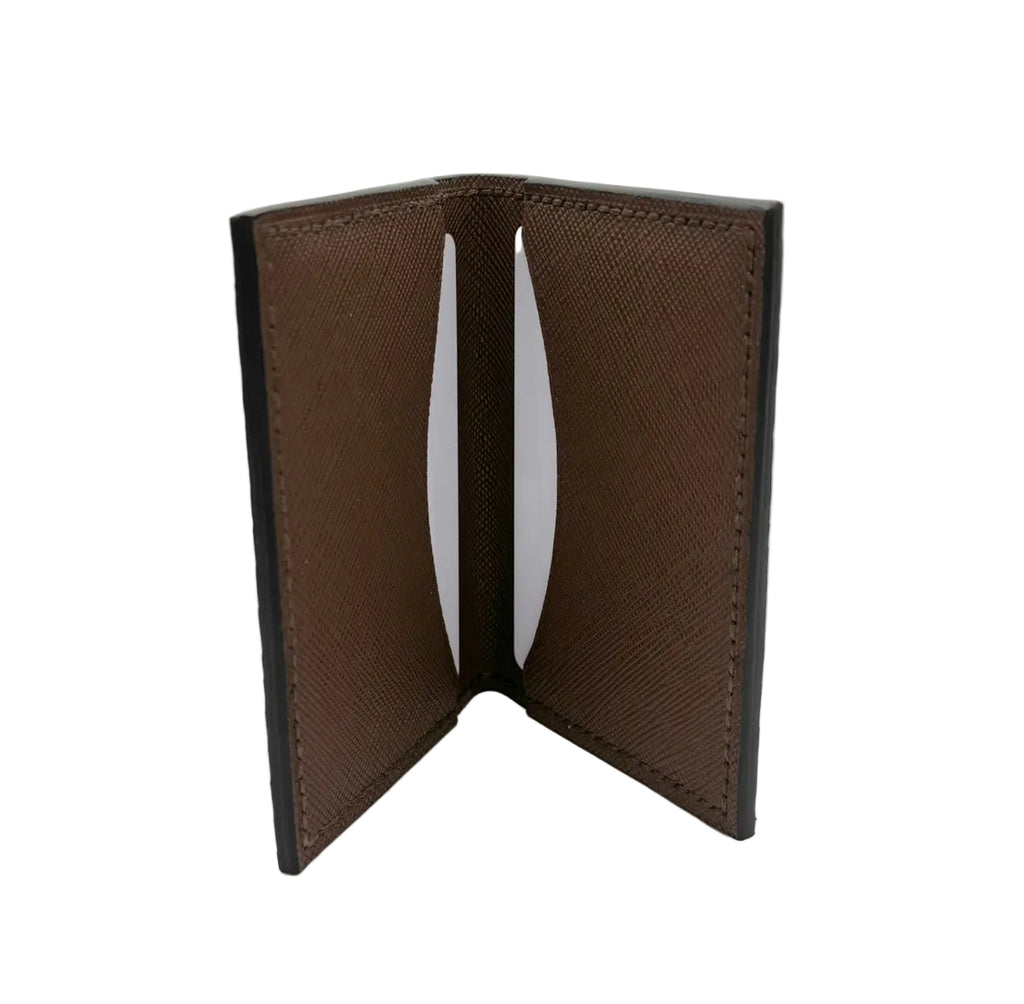 Chocolate brown python card holder open showing Italian brown Saffiano leather lining and 2 card pockets