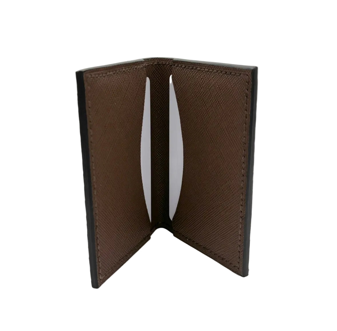 Chocolate brown python card holder open showing Italian brown Saffiano leather lining and 2 card pockets