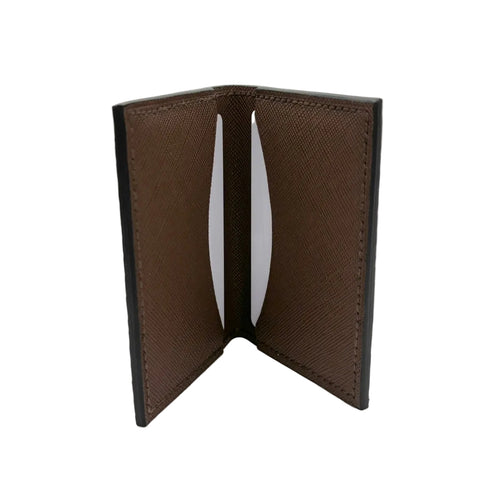 Chocolate brown python card holder open showing Italian brown Saffiano leather lining and 2 card pockets