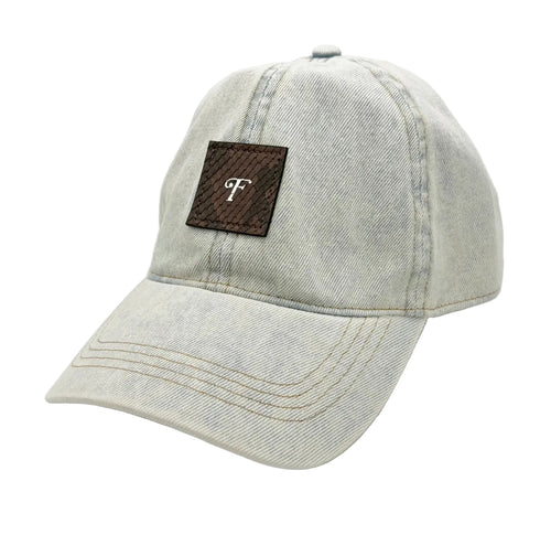 Chocolate brown python leather patch denim hat front view showing Frostytch monogram