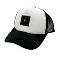 Black and white matte Nile crocodile trucker hat front view with gold Frostytch monogram patch