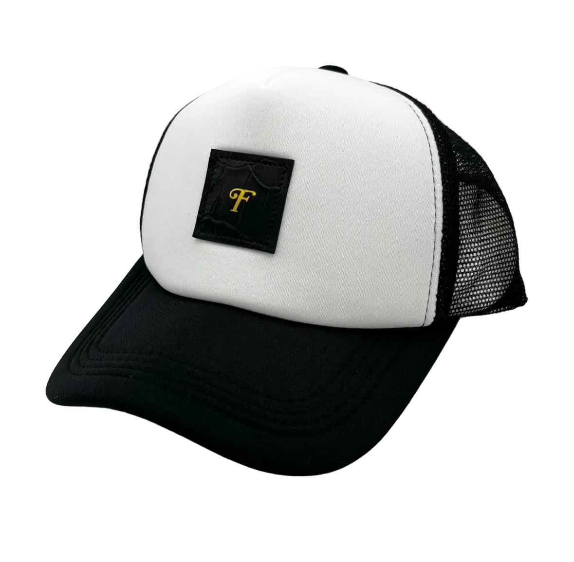 Black and white matte Nile crocodile trucker hat front view with gold Frostytch monogram patch