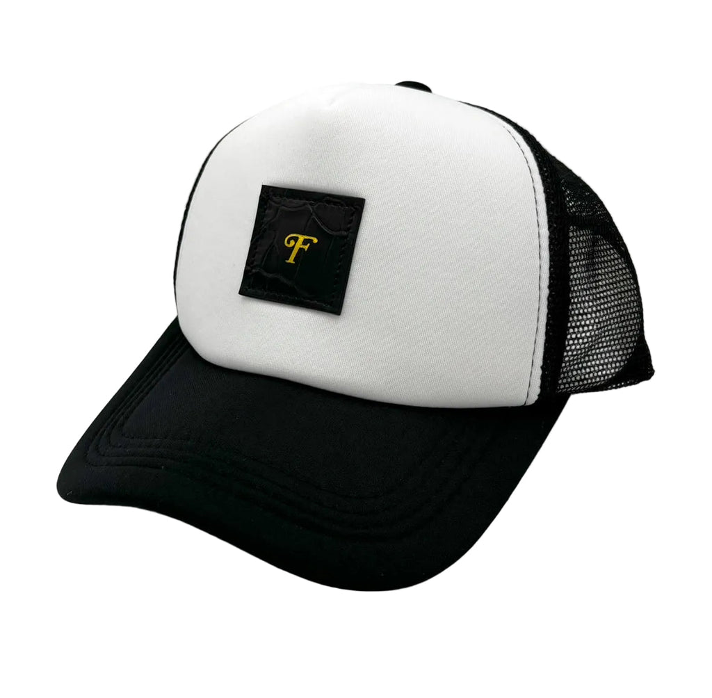Black and White Nile Crocodile Trucker Hat - front view with crocodile leather F patch