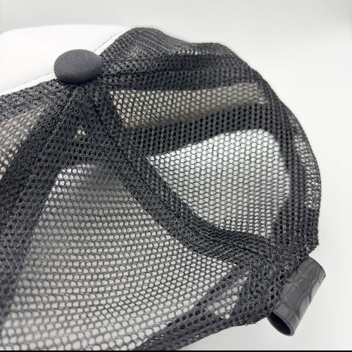 Black and White Nile Crocodile Trucker Hat - rear mesh and crocodile leather tab detail