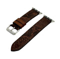 Chocolate brown python Apple Watch band with Italian brown Saffiano leather lining and silver hardware, compatible with all Apple Watch models
