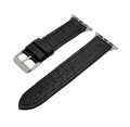Matte black Nile crocodile Apple Watch band with Italian black Saffiano leather lining and polished silver hardware, compatible with all Apple Watch models
