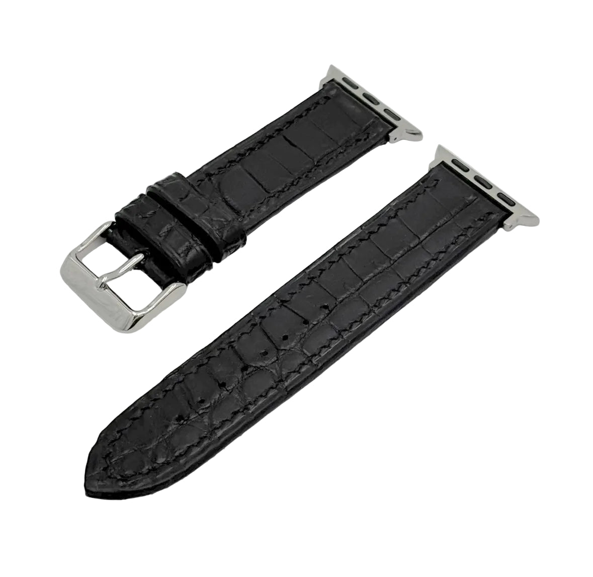 Matte black Nile crocodile Apple Watch band with Italian black Saffiano leather lining and polished silver hardware, compatible with all Apple Watch models