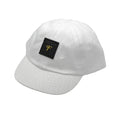 Matte black Nile crocodile infant baby cap with gold Frostytch monogram patch and elastic scrunchie back, lined with Italian black Saffiano leather