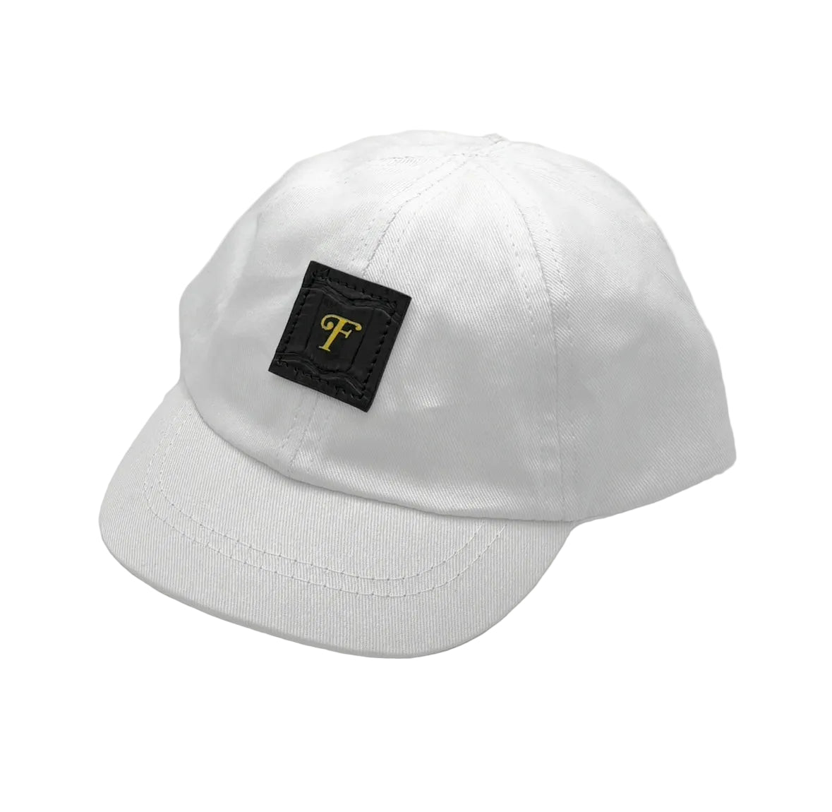 Matte black Nile crocodile infant baby cap with gold Frostytch monogram patch and elastic scrunchie back, lined with Italian black Saffiano leather