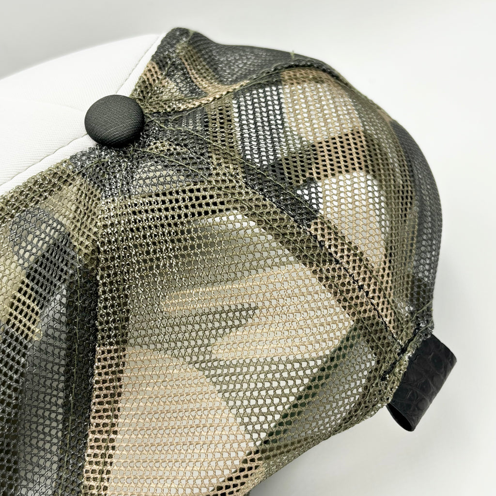 Camo Matte Black Nile Crocodile Trucker Hat - back mesh and crocodile tab detail