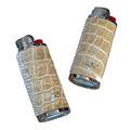 Glazed natural alligator lighter sleeves with silver hardware and hand-stitched detailing, fits standard Bic lighter