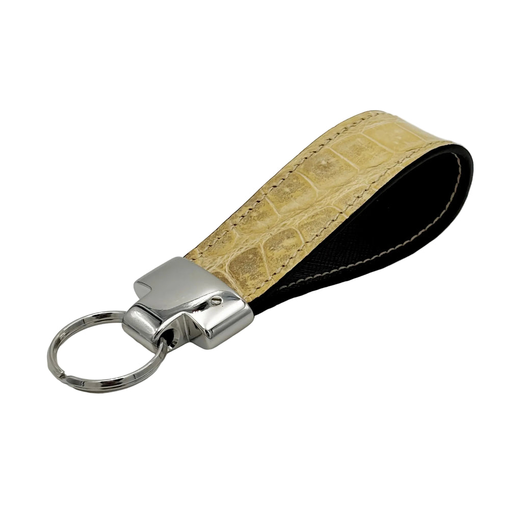 Glazed natural alligator keychain fob lined with Italian dark brown Saffiano leather and nickel-plated silver hardware