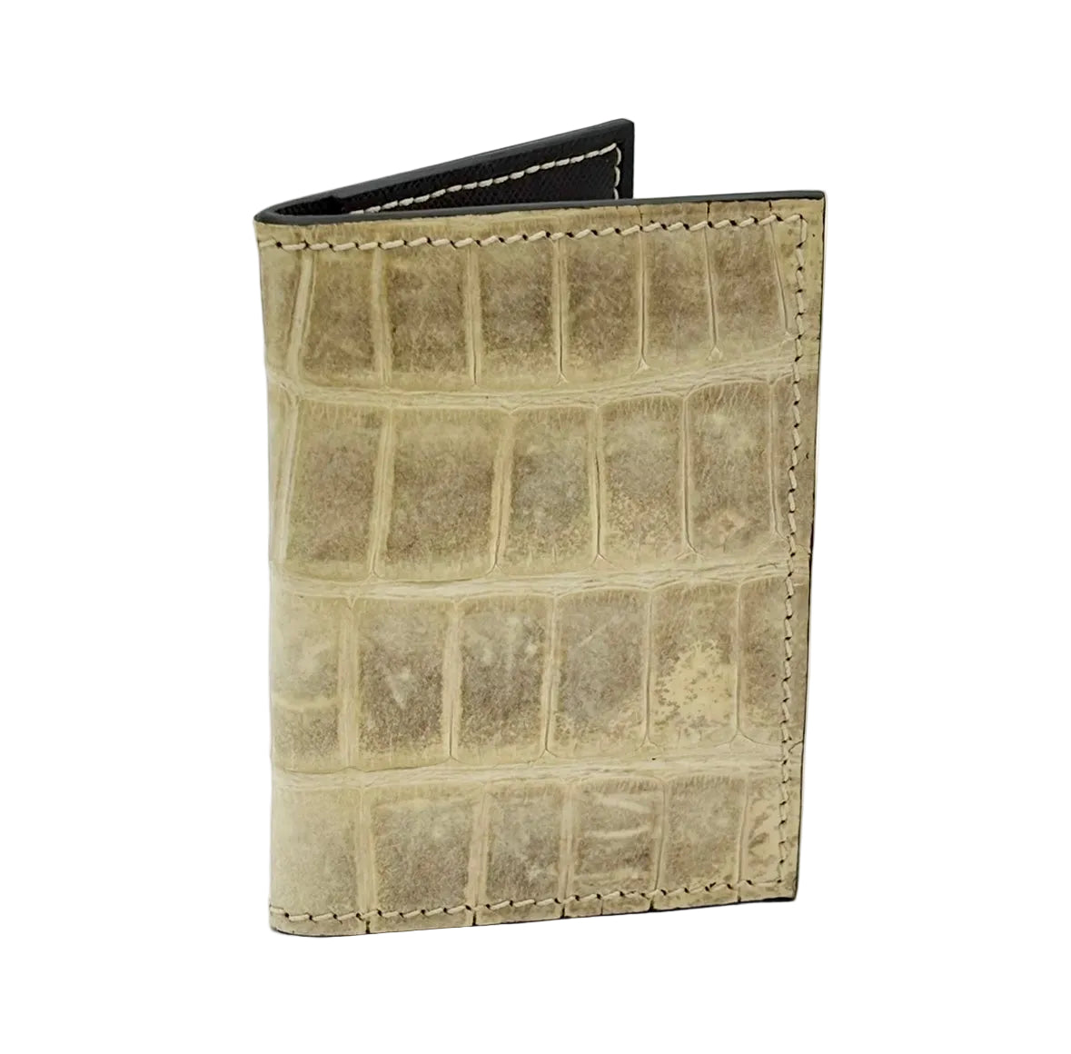 Glazed natural alligator card holder exterior — ivory-toned scales with hand-stitched edges