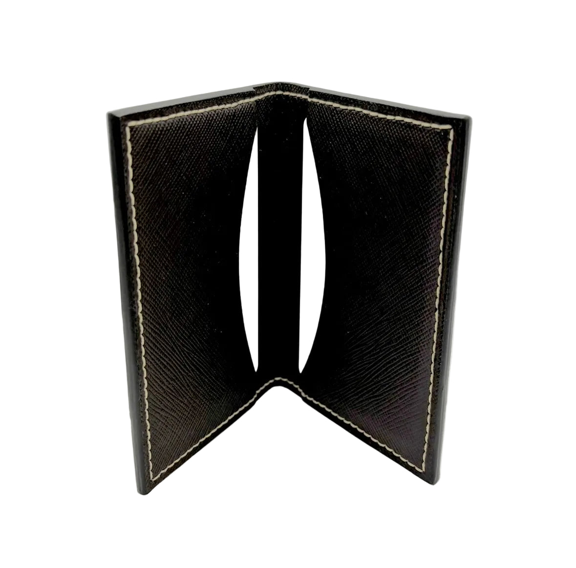 Card holder interior — dark brown Italian saffiano leather with two card/cash pockets