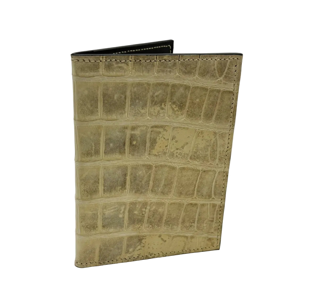 Glazed natural alligator passport cover — exterior view showing luminous olive-tone scales and hand-stitched edges