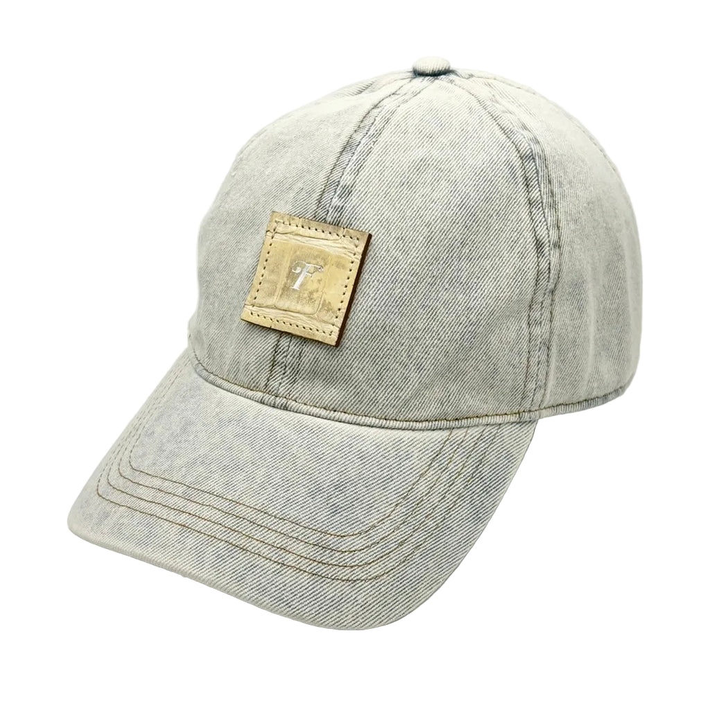 Glazed natural alligator denim hat — rear detail showing matching alligator tab on adjustable back strap