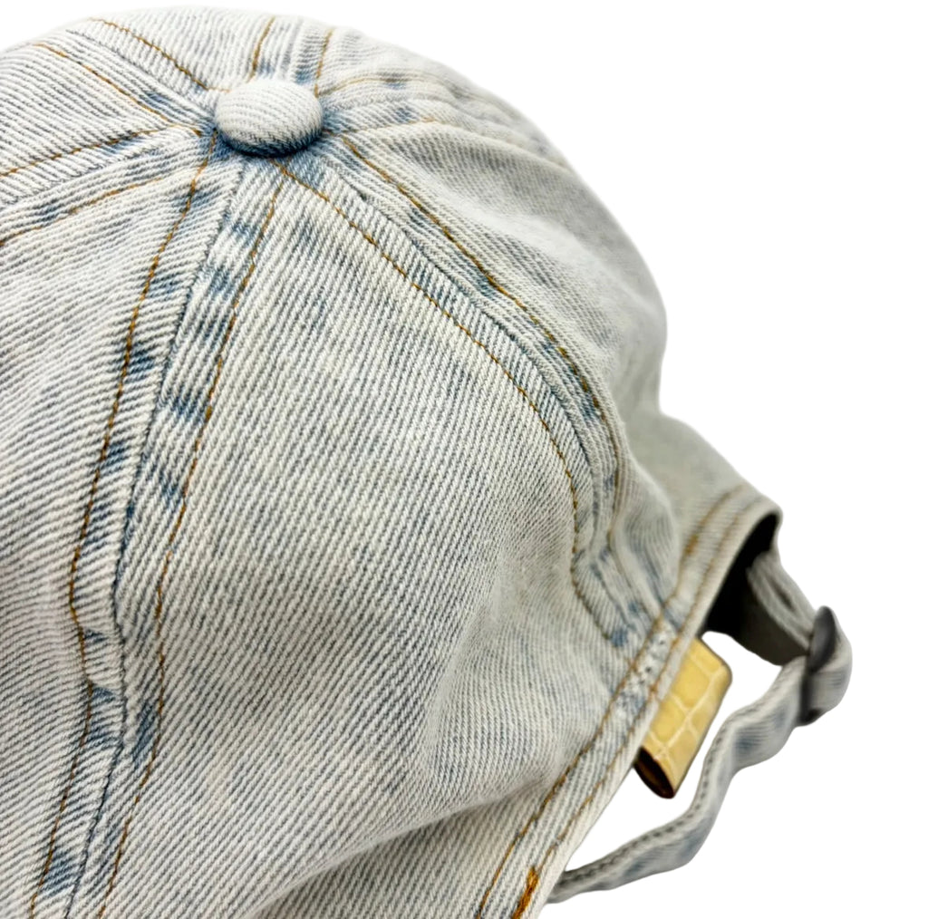 Glazed natural alligator denim baseball hat — front view showing alligator patch with Frostytch silver foil monogram