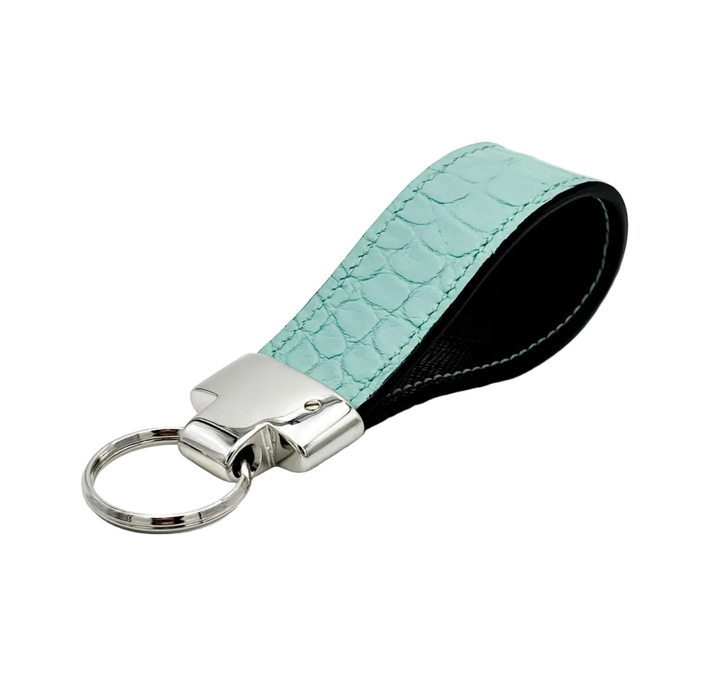 Tiffany blue alligator keychain fob with black Saffiano leather lining and polished silver hardware