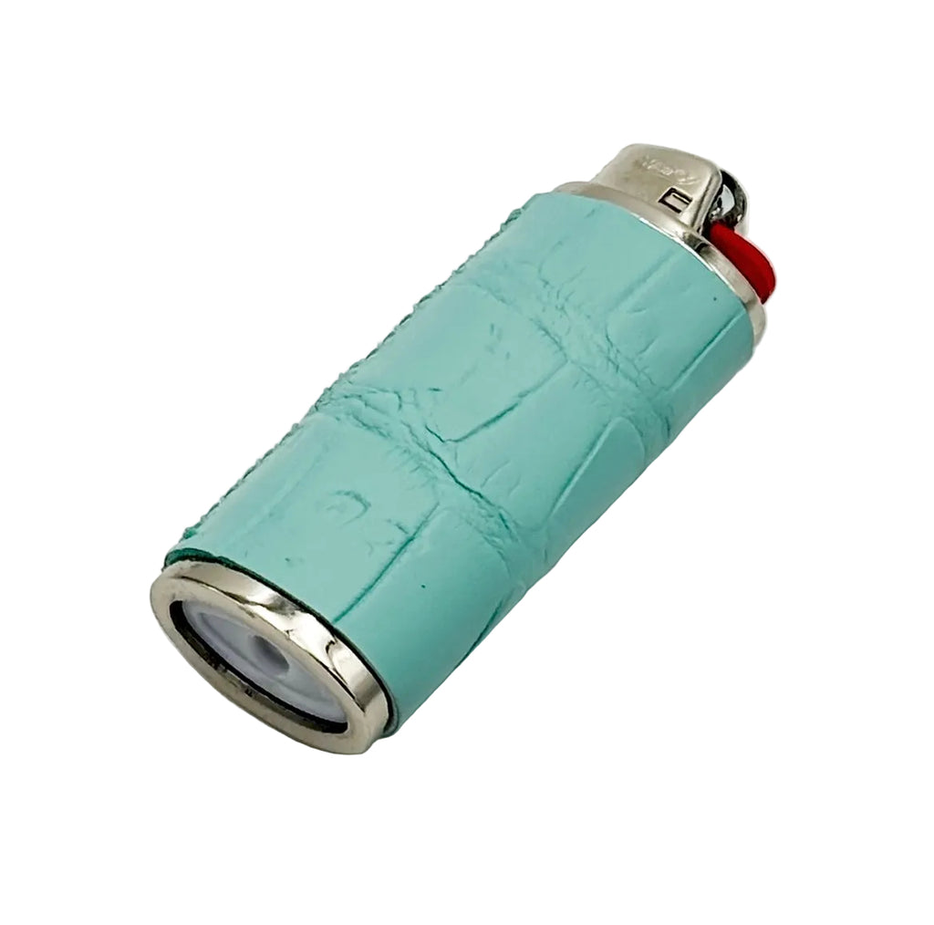 Tiffany blue alligator lighter sleeve with polished silver trim, fitted to a standard Bic lighter