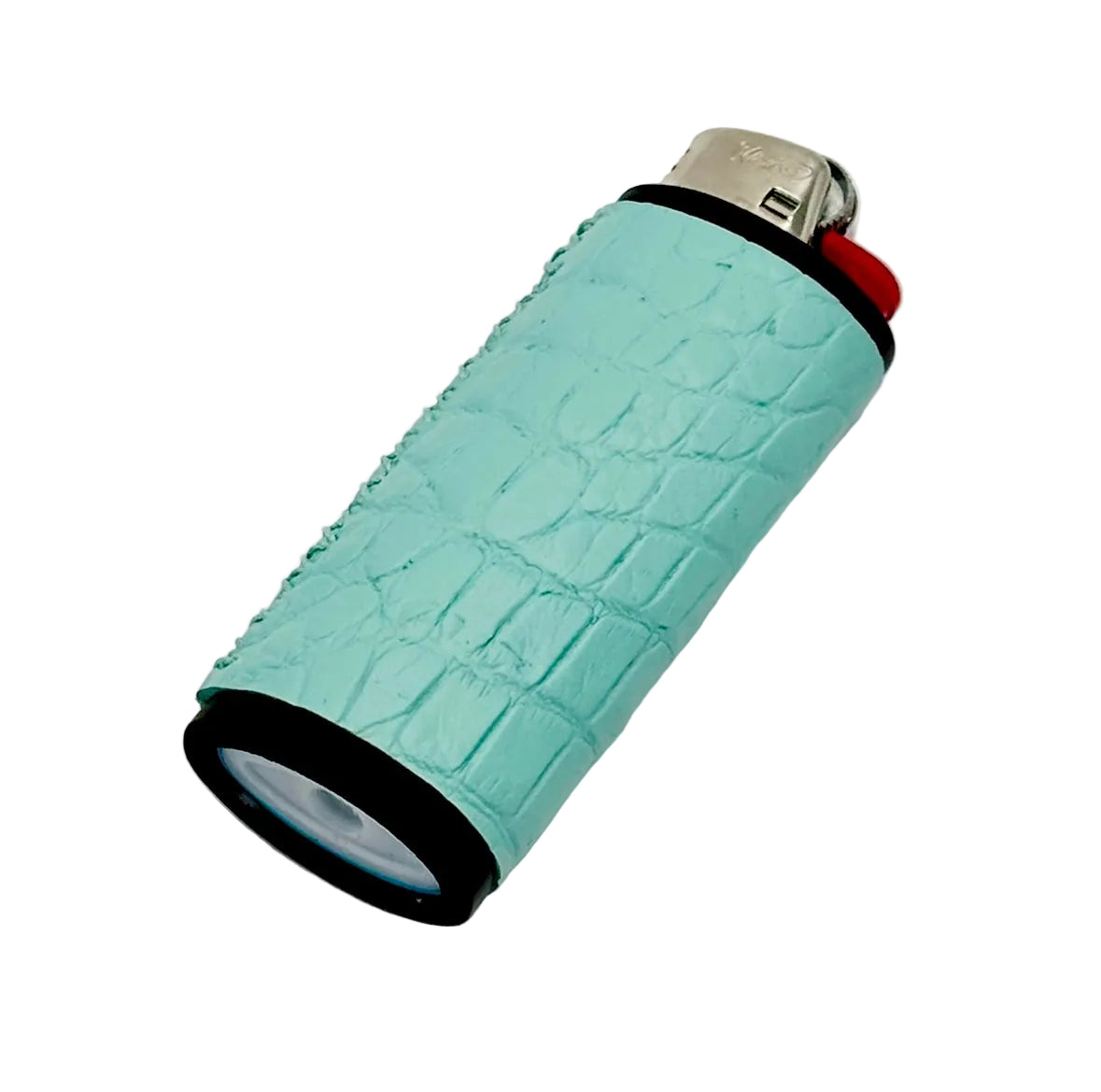 Tiffany blue alligator lighter sleeve with matte black trim, fitted to a standard Bic lighter